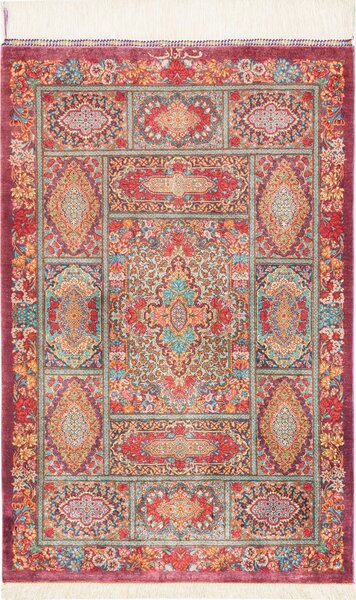 Tappeto Ghom Seta Persia Floreale Bordeaux Turchese 60x94 Cm