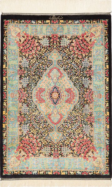 Tappeto Ghom Seta Persia Medaglione Nero Turchese 60x91 Cm