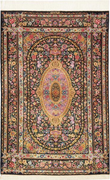 Tappeto Ghom Seta Persia Medaglione Nero Policromo 100x151 Cm