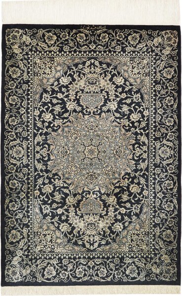 Tappeto Ghom Seta Persia Medaglione Nero Crema 58x88 Cm