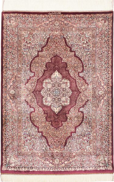 Tappeto Ghom Seta Persia Medaglione Rosso Bordeaux Avorio 100x143 Cm
