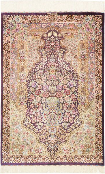 Tappeto Ghom Seta Persia Floreale Melanzana Crema 79x117 Cm