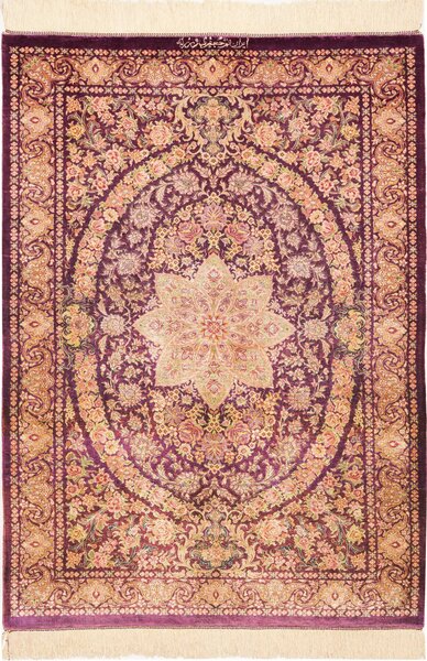 Tappeto Ghom Seta Persia Medaglione Viola Oro 80x117 Cm
