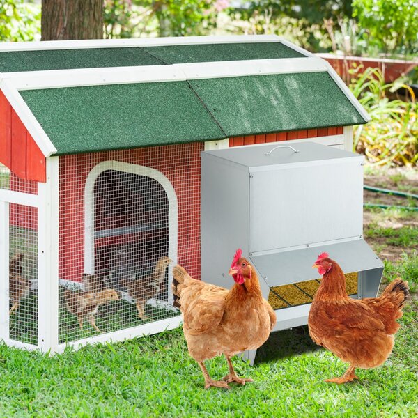 Costway Mangiatore per galline in acciaio zincato da 22 kg, Mangiatoia automatica a muro con coperchio Argento