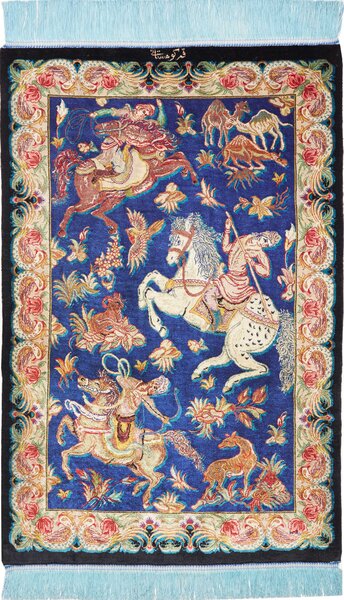 Tappeto Ghom Seta Persia Floreale Blu Nero 57x87 Cm