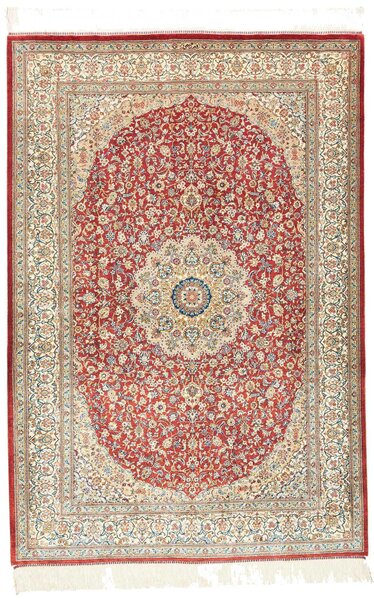 Tappeto Ghom Seta Persia Medaglione Rosso Crema 103x144 Cm