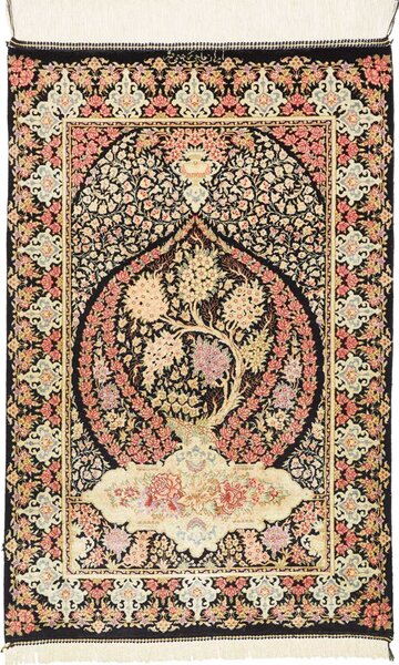 Tappeto Ghom Seta Persia Medaglione Nero Rosa 57x88 Cm