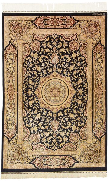 Tappeto Ghom Seta Persia Medaglione Nero Oro 100x152 Cm