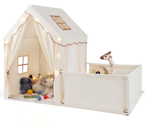 Costway Tenda da gioco per bambini 2 in 1 con recinto e giardino casa gioco, Tenda gioco con luci a stelle e tappetino in cotone lavabile Beige