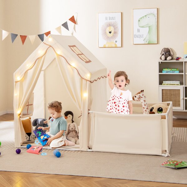 Costway Tenda da gioco per bambini 2 in 1 con recinto e giardino casa gioco, Tenda gioco con luci a stelle e tappetino in cotone lavabile Beige