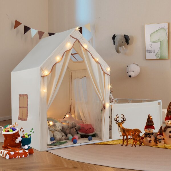 Costway Tenda da gioco per bambini 2 in 1 con recinto e giardino casa gioco, Tenda gioco con luci a stelle e tappetino in cotone lavabile Beige