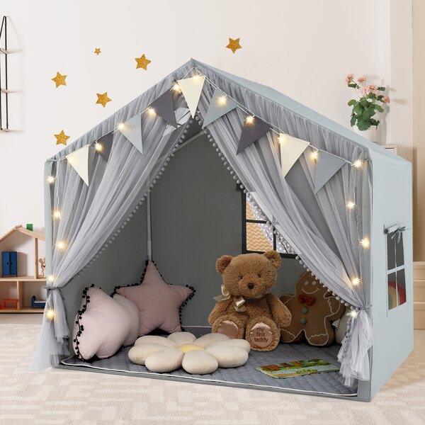 Costway Tenda da gioco per bambini con tende in tessuto e rete luci a stella materassino in cotone, Grande casa da gioco Grigio