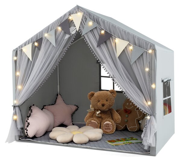 Costway Tenda da gioco per bambini con tende in tessuto e rete luci a stella materassino in cotone, Grande casa da gioco Grigio