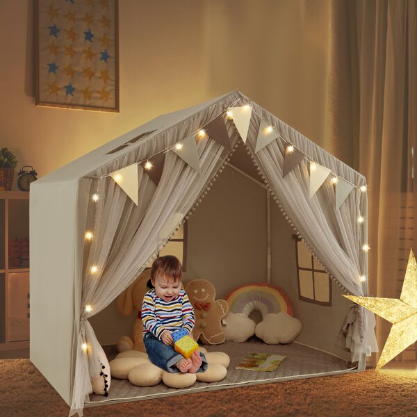 Costway Tenda da gioco per bambini con tende in tessuto e rete luci a stella materassino in cotone, Grande casa da gioco Grigio