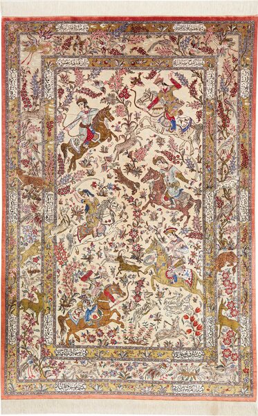 Tappeto Ghom Seta Persia Astratto Avorio Rosso 132x200 Cm