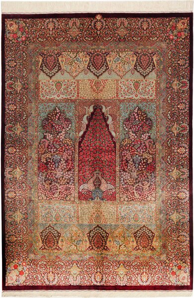 Tappeto Ghom Seta Persia Floreale Bordeaux Blu 139x200 Cm
