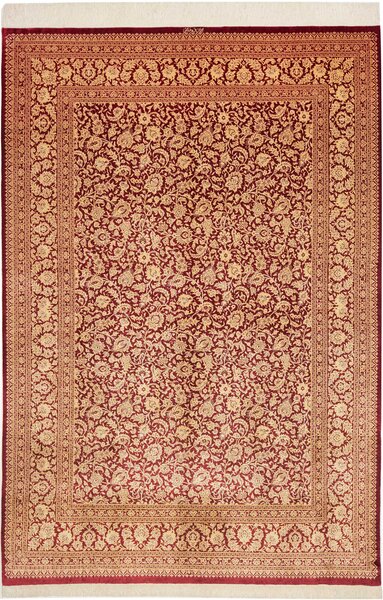 Tappeto Ghom Seta Persia Floreale Rosso Bordeaux Oro 162x240 Cm