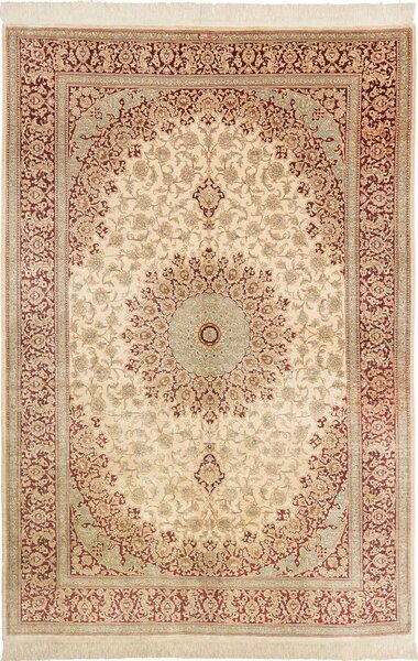 Tappeto Ghom Seta Persia Medaglione Crema Bordeaux 132x200 Cm