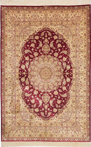 Tappeto Ghom Seta Persia Medaglione Rosso Crema 153x233 Cm