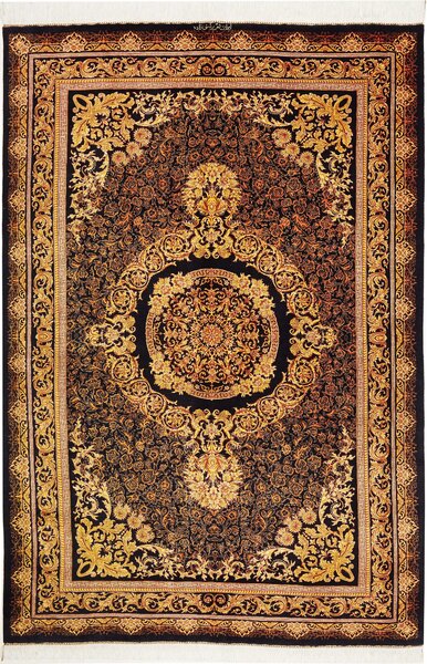 Tappeto Ghom Seta Persia Medaglione Nero Oro 135x200 Cm