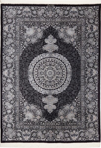 Tappeto Ghom Seta Persia Medaglione Nero Argento 138x195 Cm