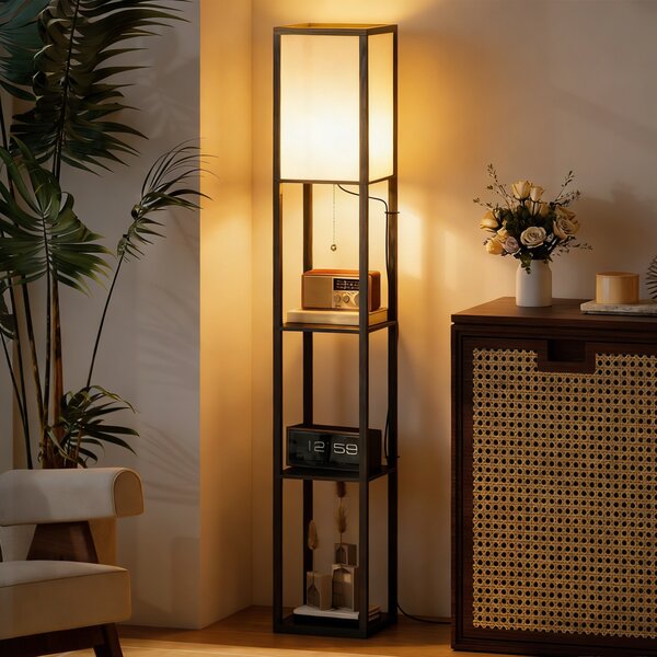 HOMCOM Lampada Lampadina da Terra Illuminazione Interna Salvaspazio con Ripiani da Soggiorno Cotone, MDF 26 x 26 x 160 cm Nero e Bianco|Aosom