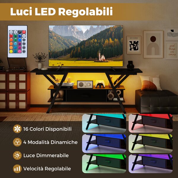 Costway Mobile porta TV centro di intrattenimento a 3 livelli con luci LED e prese di corrente, Mobile porta TV per televisori da 65" Nero