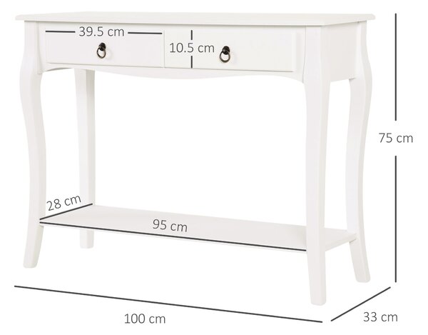 Homcom Tavolo Consolle per Ingresso con 2 Cassetti, Mobile Ingresso tavolo da ingresso, Bianco, 100x33x76cm|Aosom