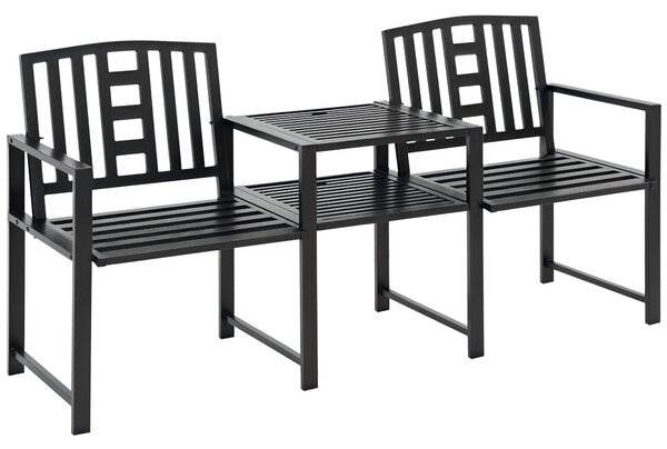 Outsunny Panchina da Giardino Moderna 2 Posti con Tavolino e Foro per Ombrellone Arredamento da Esterno 165x56x85.5cm Nero|Aosom