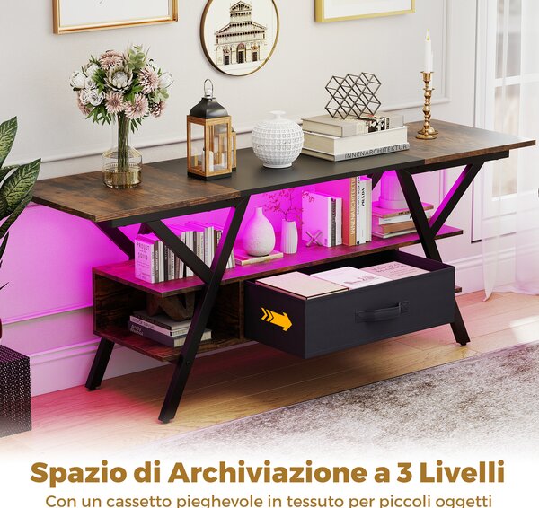 Costway Mobile porta TV centro di intrattenimento a 3 livelli con luci LED e prese di corrente, Mobile porta TV per televisori da 65" Marrone