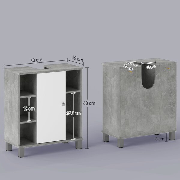 Kleankin Mobiletto Sottolavandino con Intaglio a U, Armadietto Sottolavabo con 6 Ripiani in Legno, 60x30x68cm Bianco, Grigio|Aosom