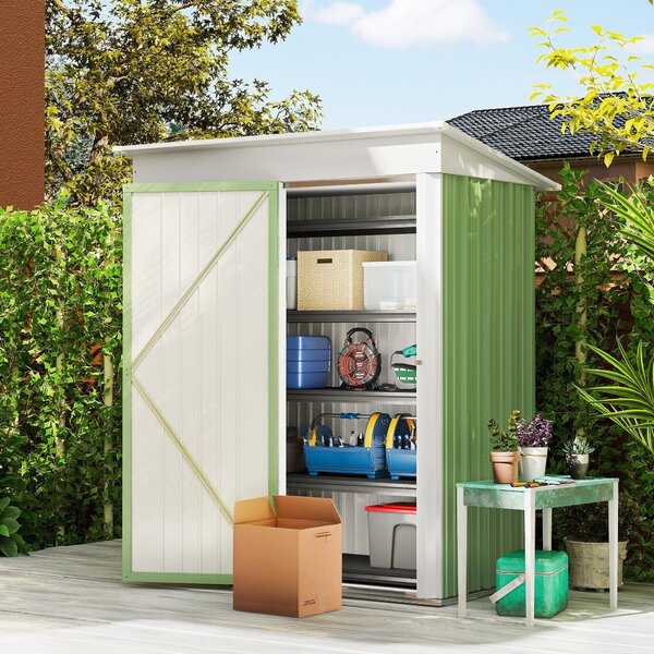 Outsunny Casetta da Giardino con Porta Bloccabile e 2 ripiani regolabili, Porta Attrezzi in Acciaio, 161x95x163/181cm, Verde | Aosom Italy