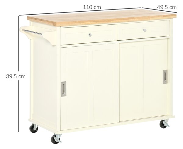 HOMCOM Isola per Cucina in Legno e MDF con Cassetti, Armadietto, Portasciugamani e 4 Ruote, per Utensili, 110x49.5x89.5cm, Bianco | Aosom