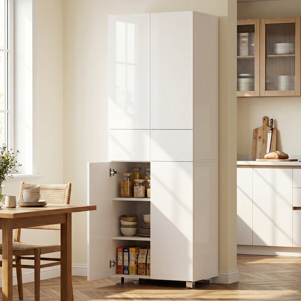 HOMCOM Dispensa Cucina con 4 Ante, 3 Ripiani Regolabili e Mensole a 5 Livelli in MDF e Truciolato, 60x35x170 cm, Bianco Lucido|Aosom