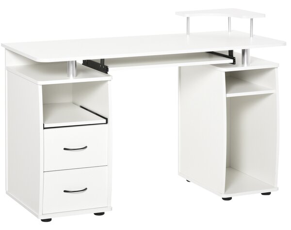HOMCOM Scrivania per PC con Ripiano per Tastiera e per Monitor e 2 Cassetti, 120x55x85 cm, Bianca|Aosom