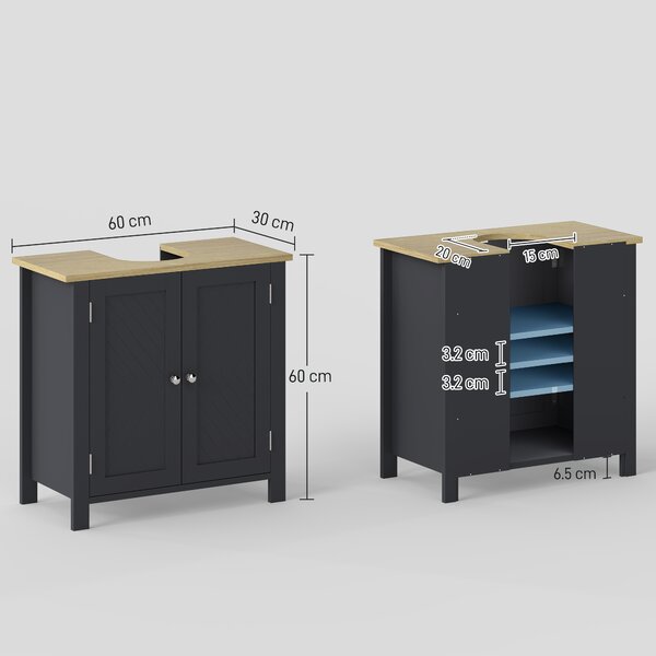 Kleankin Mobiletto Bagno Sottolavabo con Armatietto a 2 Ante e Ripiano Interno Regolabile, Grigio, 60x30x60cm | Aosom
