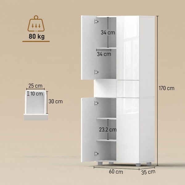 HOMCOM Dispensa Cucina con 4 Ante, 3 Ripiani Regolabili e Mensole a 5 Livelli in MDF e Truciolato, 60x35x170 cm, Bianco Lucido|Aosom