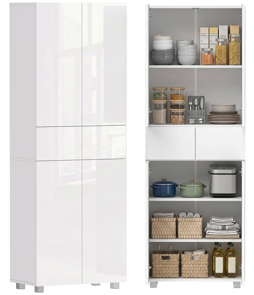 HOMCOM Dispensa Cucina con 4 Ante, 3 Ripiani Regolabili e Mensole a 5 Livelli in MDF e Truciolato, 60x35x170 cm, Bianco Lucido|Aosom