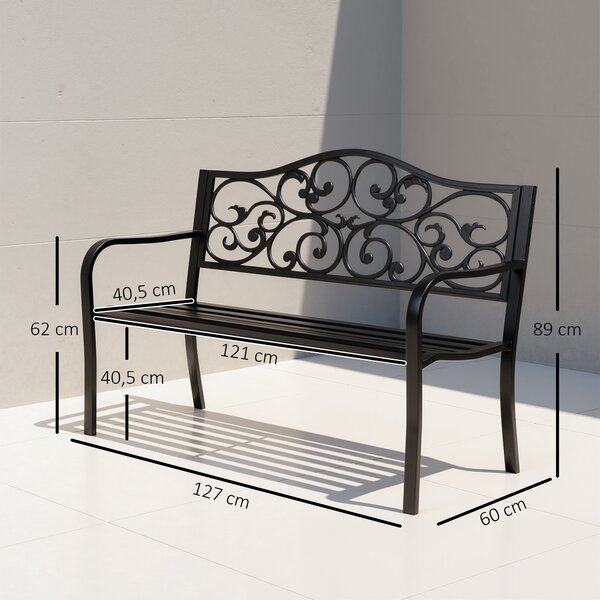 Outsunny Panchina da Giardino 2 Posti con Schienale Decorato in Ghisa e Metallo, 127x60x89cm, Nero|Aosom