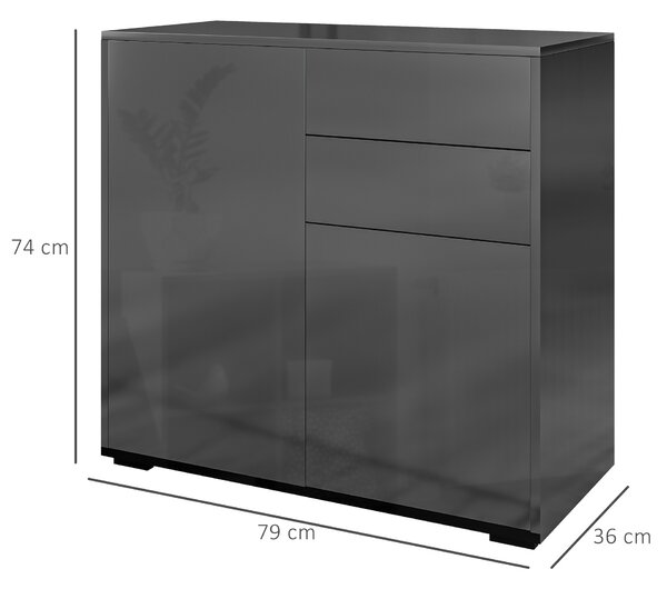 HOMCOM Credenza Moderna con 2 Armadietti e 2 Cassetti con Apertura a Pressione, 79x36x74cm, Nero Lucido|Aosom