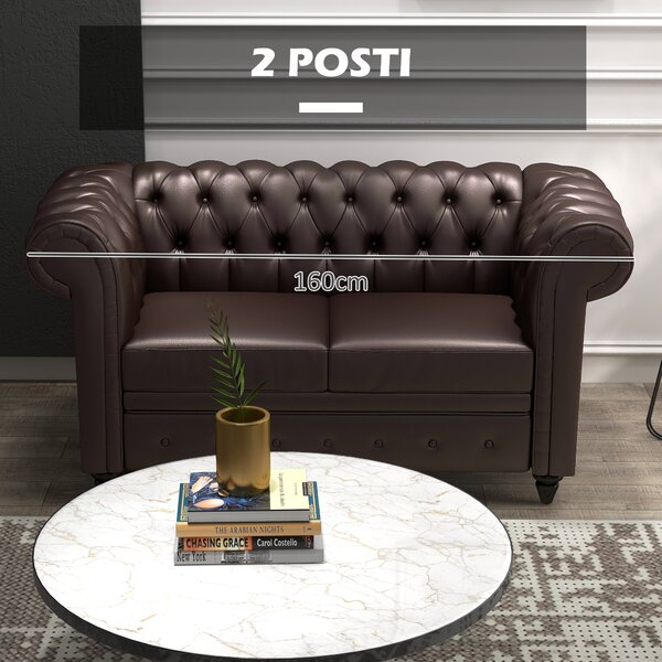 HOMCOM Divano 2 Posti stile Chesterfield con Cuscino Rimovibile, in Ecopelle, Legno e Metallo, 160x84x80 cm, Marrone