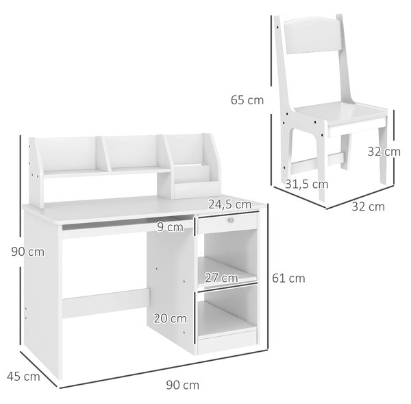ZONEKIZ Set Tavolo e Sedie per Bambini da 5-8 Anni con Scaffale Integrato e Mensola Estraibile in Legno Bianco per Studio e Gioco|Aosom Italy