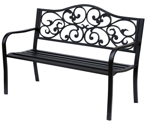 Outsunny Panchina da Giardino 2 Posti con Schienale Decorato in Ghisa e Metallo, 127x60x89cm, Nero|Aosom
