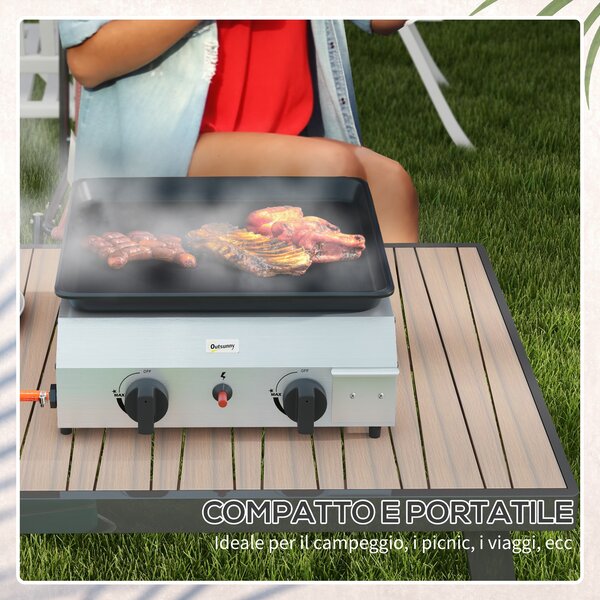Outsunny Piastra Barbecue a Gas con 2 Bruciatori, Potenza 4.8kw, Argento|Aosom