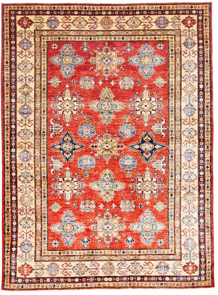 Tappeto Kazak Fine Pakistan Geometrico Rosso Crema 153x207 Cm