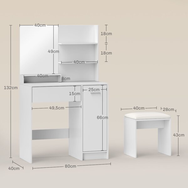 HOMCOM Toeletta Trucco con Specchio e Sgabello, Cassetto, Armadietto e Ripiani in Legno, Bianco
