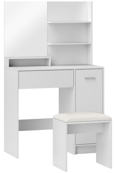HOMCOM Toeletta Trucco con Specchio e Sgabello, Cassetto, Armadietto e Ripiani in Legno, Bianco