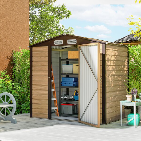 Outsunny Casetta da Giardino con Prese d'Aria e Catenaccio, Porta Attrezzi da esterno in Acciaio, 1.9x1.3m, Colore Quercia | Aosom Italy