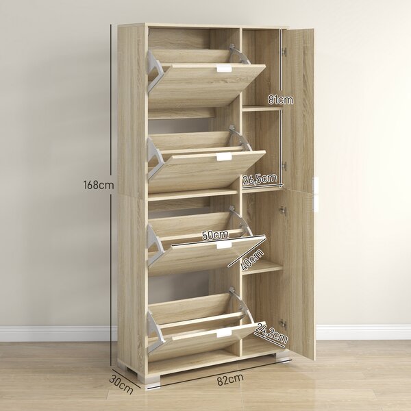 HOMCOM Scarpiera con Specchio per 16 Paia di Scarpe, 4 Cassetti a Ribalta e 2 Armadietti, 82x30x168cm, Rovere