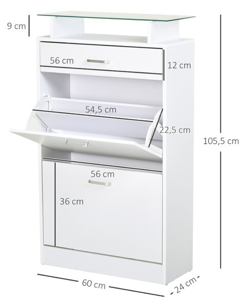 HOMCOM Scarpiera Moderno con 2 Ante ribaltabili a 2 Livelli e Cassetto, in Legno con ripiano superiore in vetro, 60x24x105.5cm, Bianco|Aosom Italy
